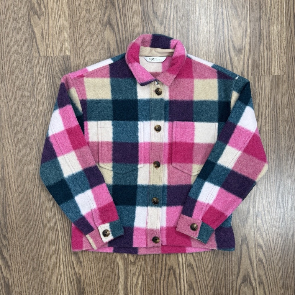 DSG Jacket Girls Youth M Pink Green Buffalo Check Button Up Shacket Outdoor Warm